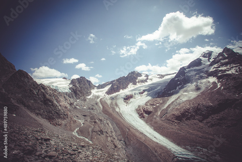 Vintage photo effect of the Gepatschferner and Palla Bianca peaks with glaciers, Vallelunga, Alto Adige - Sudtirol, Italy. Popular mountaineering destinations. Concept about global warming photo