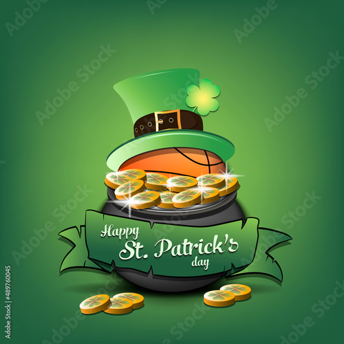 Happy St. Patricks day. Basketball ball in leprechaun hat in pot with gold coins. Pattern design for logo, banner, poster, greeting card, party invitation. Vector illustration on isolated background