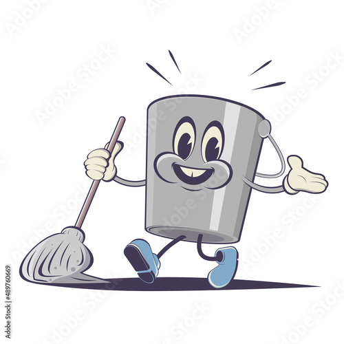 funny cartoon bucket with cleaning mop
