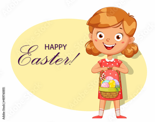 Happy Easter. Cartoon girl with a basket of eggs