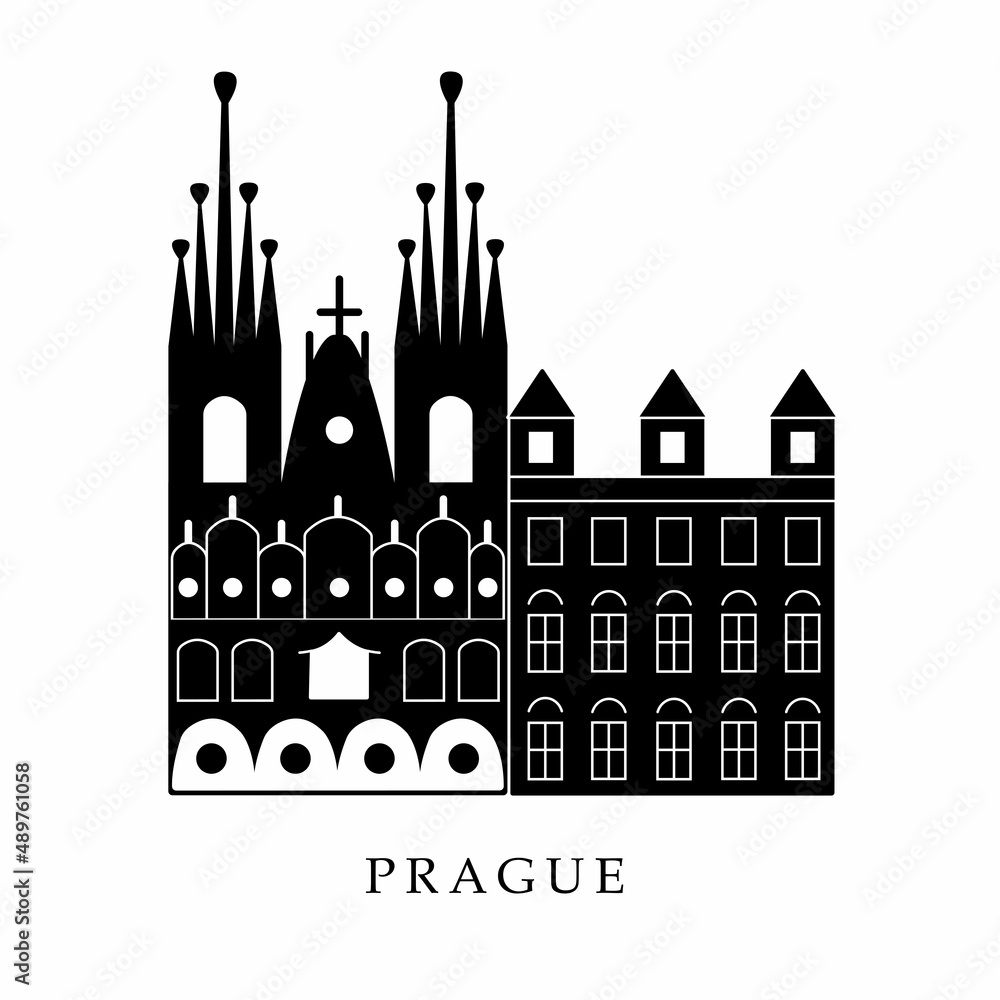 European capitals, Prague. Black and white illustration