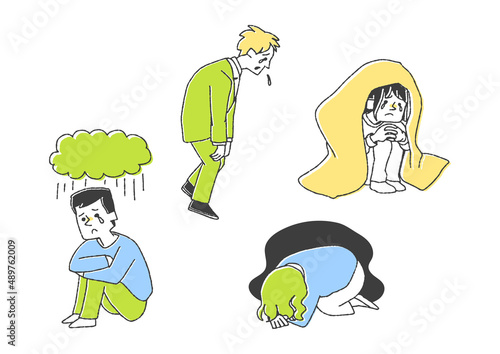 落ち込んでいる人々のセット　コミカルな手書きの人物イラスト　ベクター線画にシンプルな色つけ　白バック