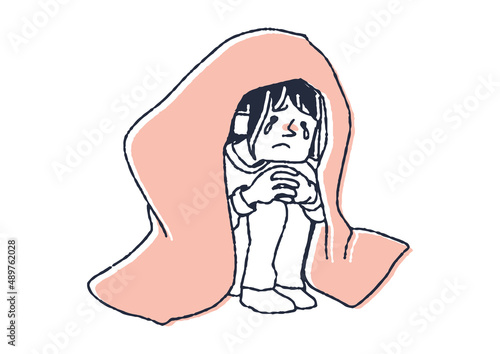 毛布をかぶって落ち込む女性　手書きの人物イラスト　ベクター線画にシンプルな色つけ　白バック