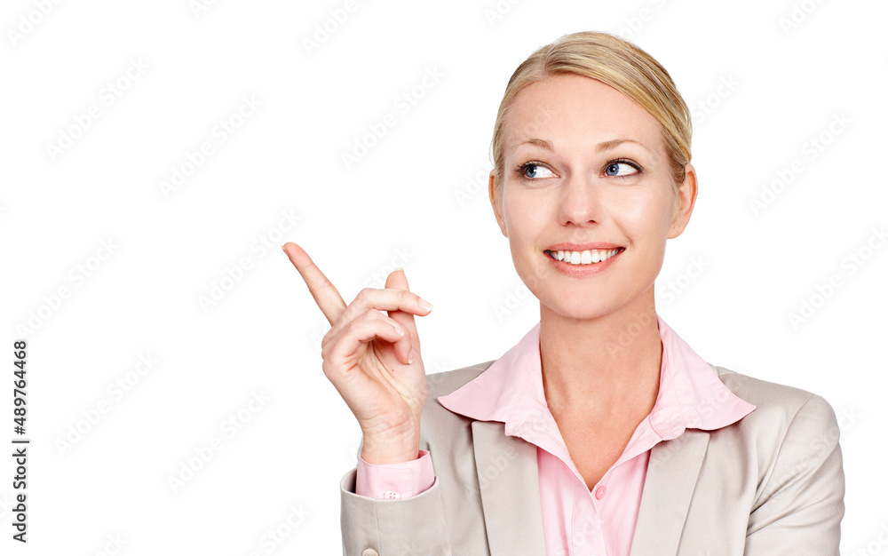 Shes found it. Studio shot of a businesswoman pointing towards copyspace against a white background. Shes found it. Studio shot of a businesswoman pointing towards copyspace against a white background.