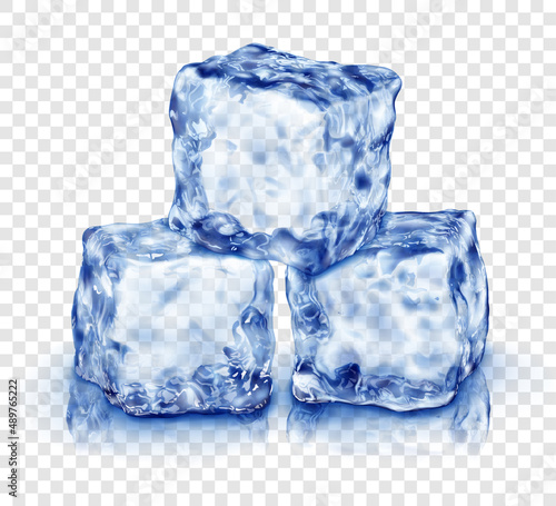 Group of three realistic translucent ice cubes in blue color, with reflection, isolated on transparent background. Transparency only in vector format