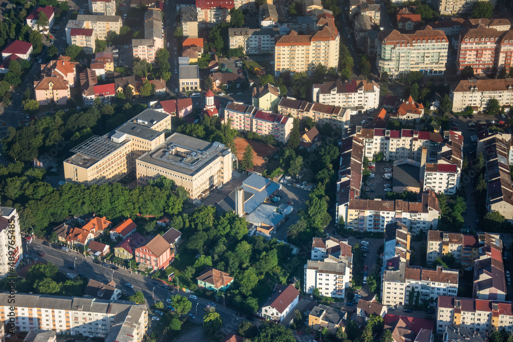 Image from the plane in 2020, in Bistrita Romania, the top of the city and the County Hospital