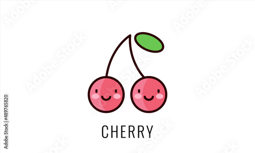 Cute funny cherry character with eyes and face. Vector hand drawn cartoon kawaii character. Isolated on white background. Food icon concept.