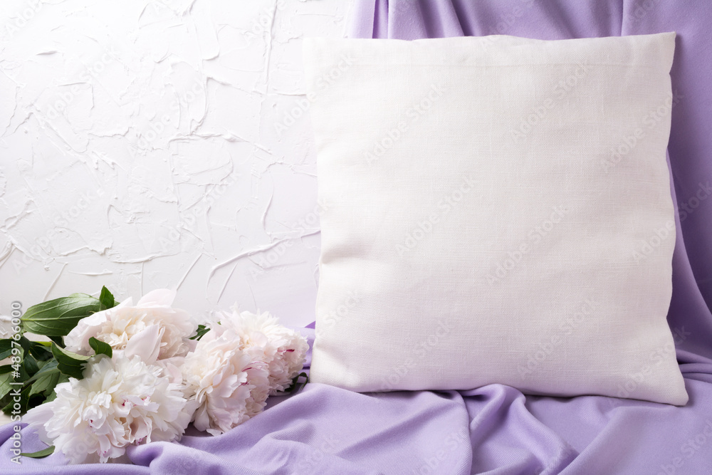 Pillow mockup with pink peony and lilac scarf Pillow mockup with pink peony and lilac scarf