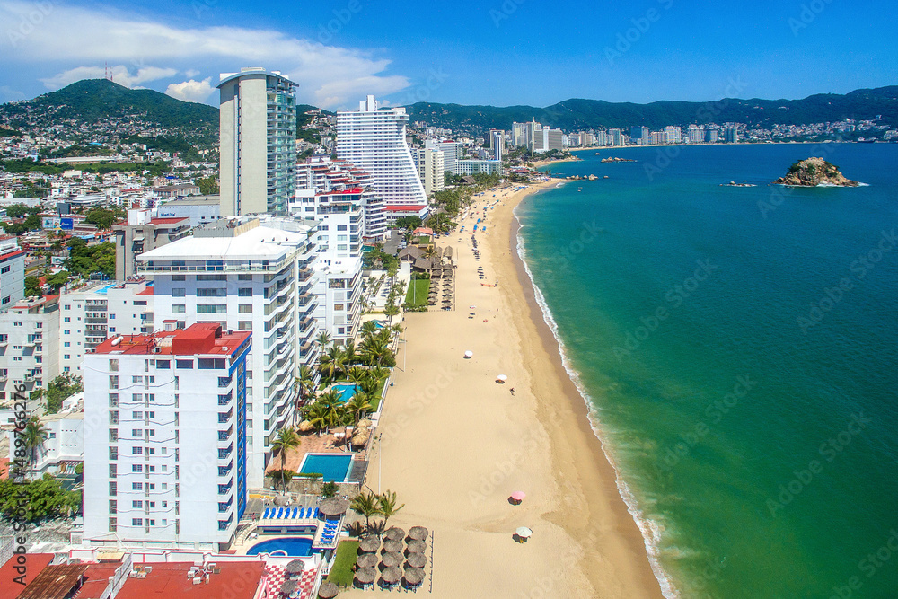 Aerial view of Acapulco City golden zone beach in Mexico