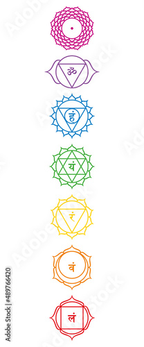 Rainbow colored chakra symbols. Multicolored main chakras, how they are located in the body. Root, sacral, navel, heart, throat, third eye and crown chakra. Isolated illustration, on white background.