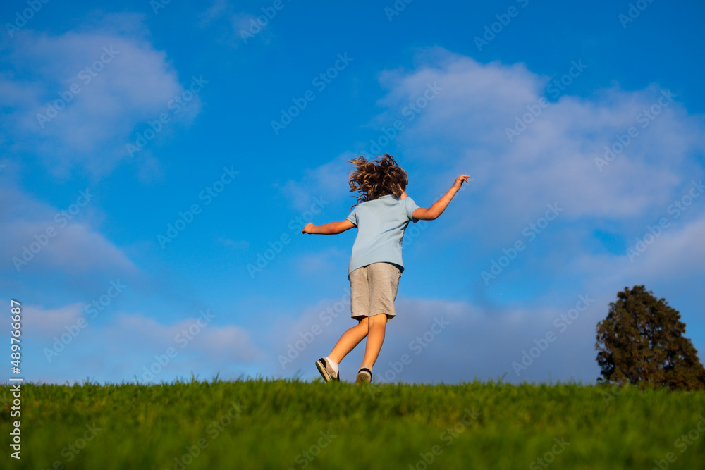 Child boy running on meadow. Back view of kid run on beautiful summer field.