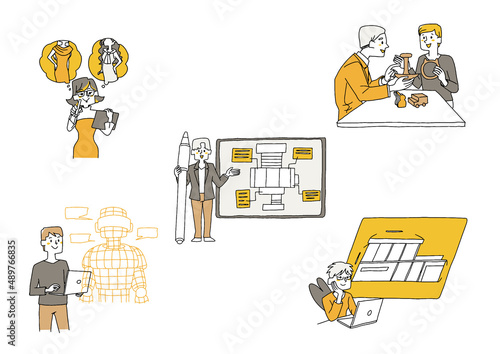 オンラインでスケジュールの管理をしている人々のセット　コミカルな手書きの人物イラスト　
