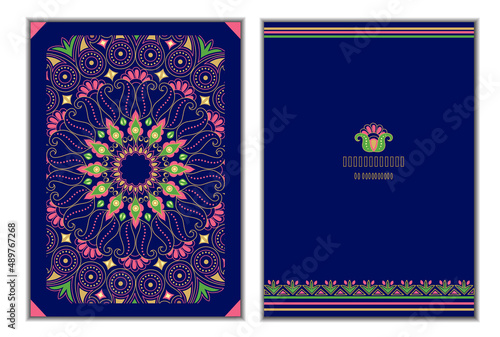 Set of two Flower mandala cards on blue background