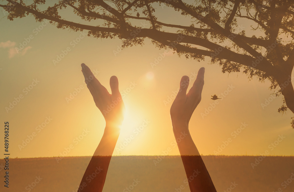 worshiping hands raised up to the sunset sky with rays of light hope  shinning through.	