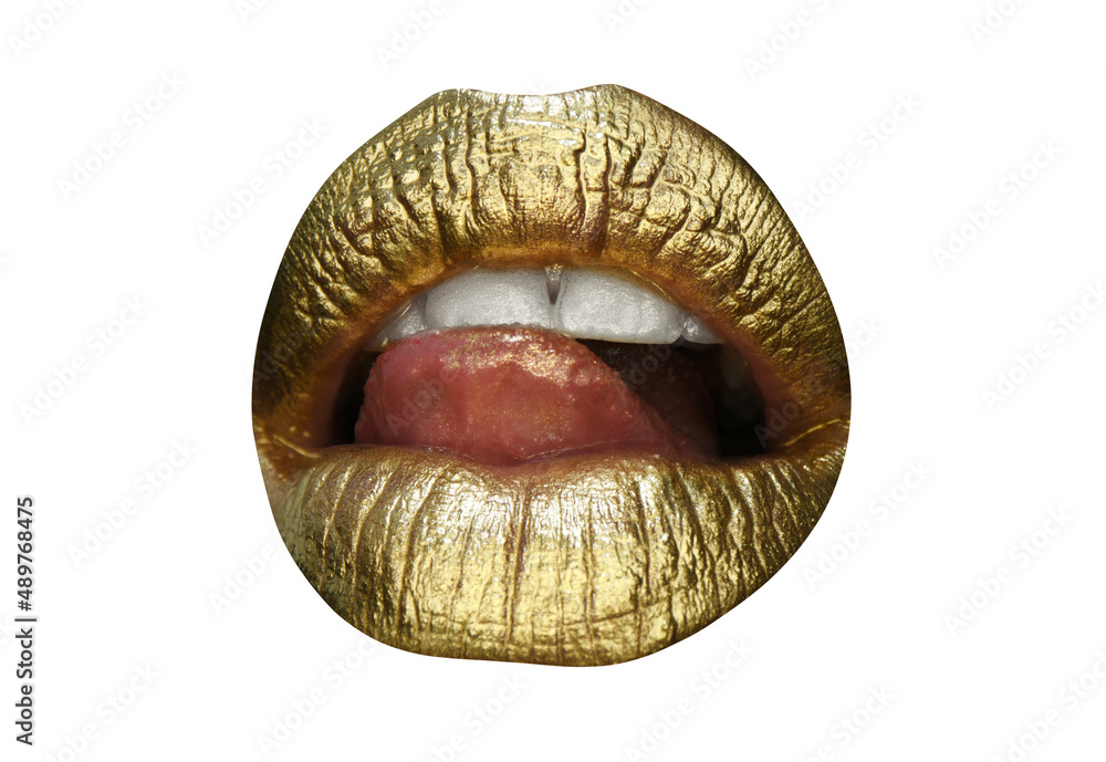 Golden lipstick closeup. Lips with metal makeup. Sexy lips, Metallic lipstick close up. Golden lipstick closeup. Lips with metal makeup. Sexy lips, Metallic lipstick close up.