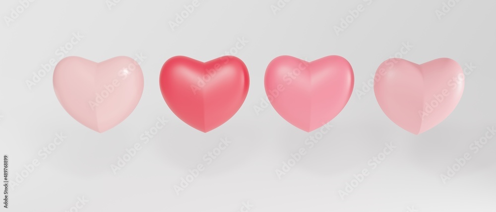 3d set pink hearts on pink background. Festive greeting concept. 3d realistic illustration