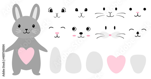 Bunny gray easter little cute cartoon kit set. Collection of design objects funny faces, different emotions, tummies, eyes, mustaches, eyes, noses isolated on white background. Vector illustration