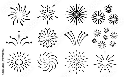Fireworks line contour silhouette icons set. Decor for celebration, party, new year, anniversary. Icons of heart, stars, lines, swirls, stripes, splashes firecracker and sparkler salute petard. Vector