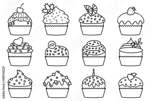 Cupcakes with cream and chocolate set. Sweet muffin collections decorated with cherry, blackberry and mint, candle, lemon, cookie, strawberry. Pastries sprinkled with tasty crumbs. Vector illustration