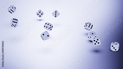 Rolling deep bronze-black dices on gray and deep blue planes background. Concept image of statistical probability  gambling activities and decisive battle. 3D CG. 3D illustration.
