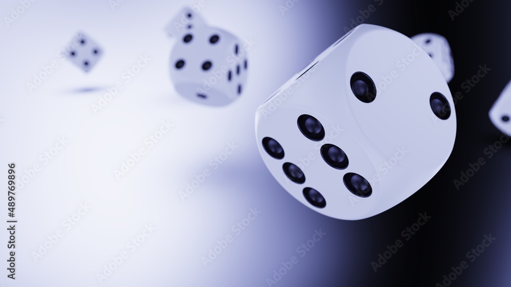 Rolling deep bronze-black dices on gray and deep blue planes background. Concept image of statistical probability, gambling activities and decisive battle. 3D CG. 3D illustration. Rolling deep bronze-black dices on gray and deep blue planes background. Concept image of statistical probability, gambling activities and decisive battle. 3D CG. 3D illustration.
