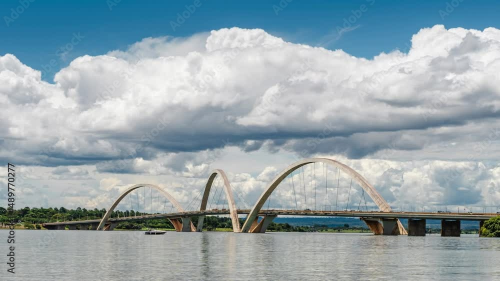 Time lapse view of dramatic skies over JK Bridge by day in Brasilia, Federal District and capital of Brazil, South America. Time lapse view of dramatic skies over JK Bridge by day in Brasilia, Federal District and capital of Brazil, South America.