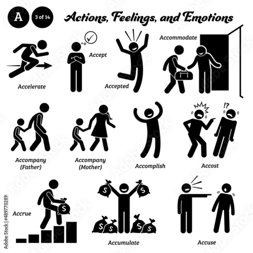 Stick figure human people man action, feelings, and emotions icons starting with alphabet A. Accelerate, accept, accepted, accommodate, accompany, accomplish, accost, accrue, accumulate, and accuse.