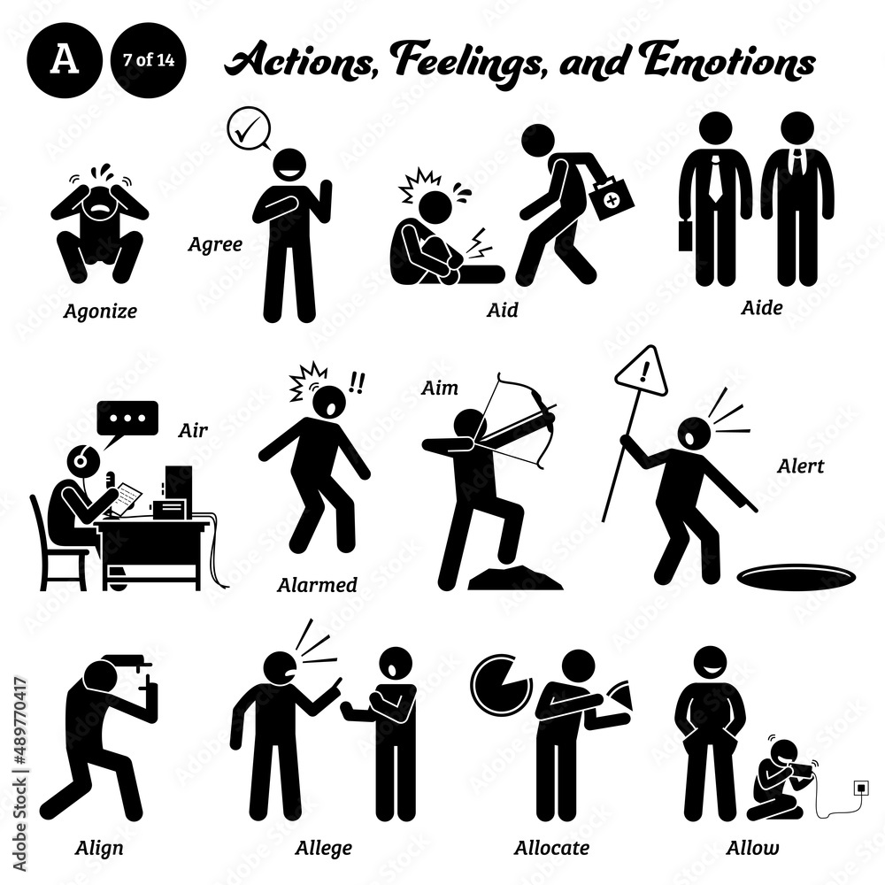 figure human people man feelings, and emotions starting with alphabet A. Agonize, agree, aid, aide, air, aim, alert, align, allege, allocate, and allow. Stock Vector | Adobe Stock