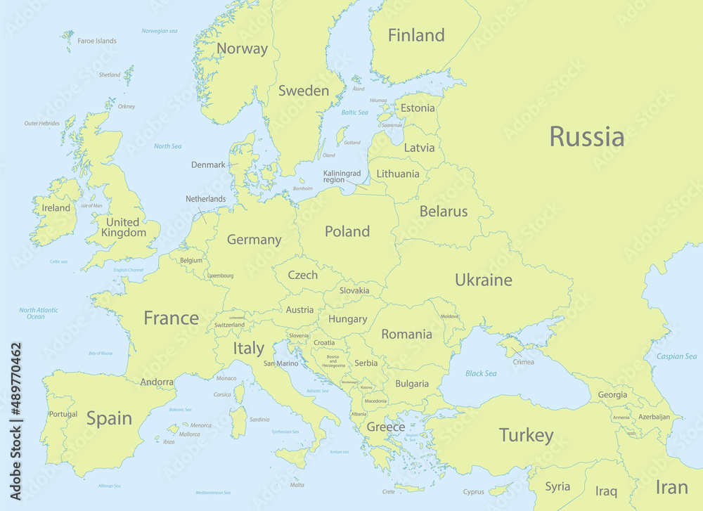 Europe with parts of Asia classic color detailed map, individual states and islands and sea with names vector Europe with parts of Asia classic color detailed map, individual states and islands and sea with names vector