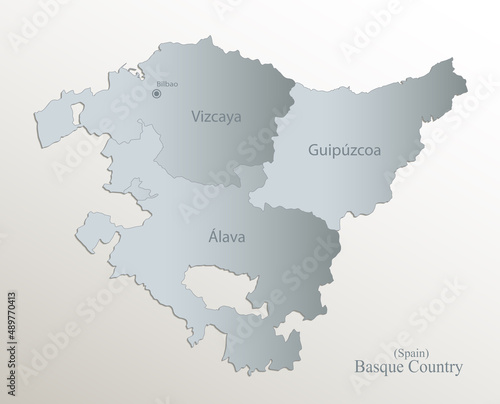 Basque Country map, administrative division with names, white blue card paper 3D vector