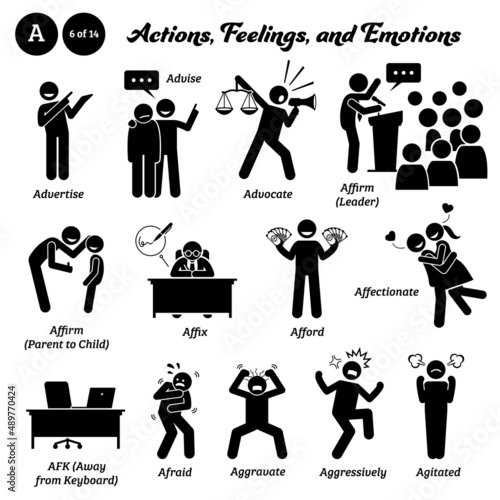 Stick figure human people man action, feelings, and emotions icons starting with alphabet A. Advertise, advise, advocate, affirm, affix sign, afford, affectionate, AFK, afraid, aggressive, agitated.