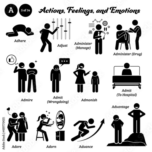 Stick figure human people man action, feelings, and emotions icons starting with alphabet A. Adhere, adjust, administer, admire, admit wrongdoing, hospital, admonish, adore, adorn, advance, advantage.