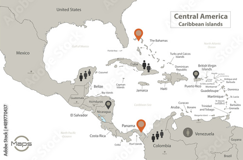 Caribbean islands and Central America map, individual regions with names, Infographics and icons vector