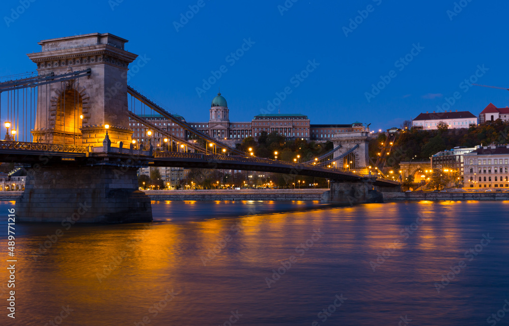 Fototapeta premium Photo of night Chain Bridge near Buda Fortress in Hungary outdoor.