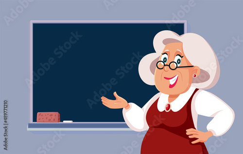 Senior Teacher Pointing to the Blackboard Vector Cartoon Illustration