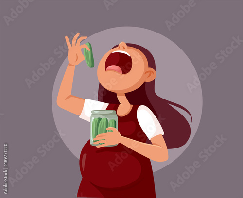 Pregnant Woman Eating Pickles from a Jar Vector Cartoon Illustration