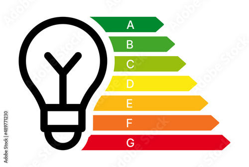 Energy efficiency rating chart with light bulb icon isolated on white background.