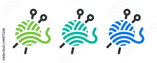 Knit yarn with needle icon set. Knitting icon vector illustration.