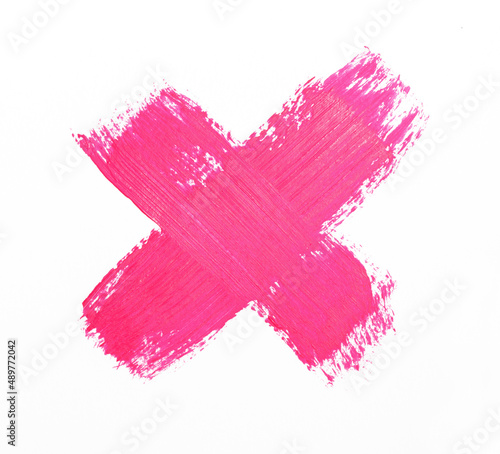 neon pink brush paint - cross isolated on white background