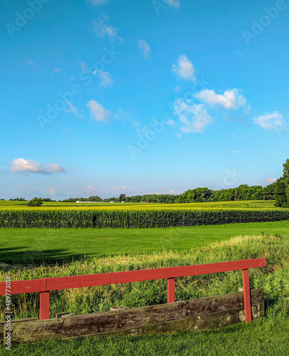 Vibrant green rolling field with deep blue sky and red fence.