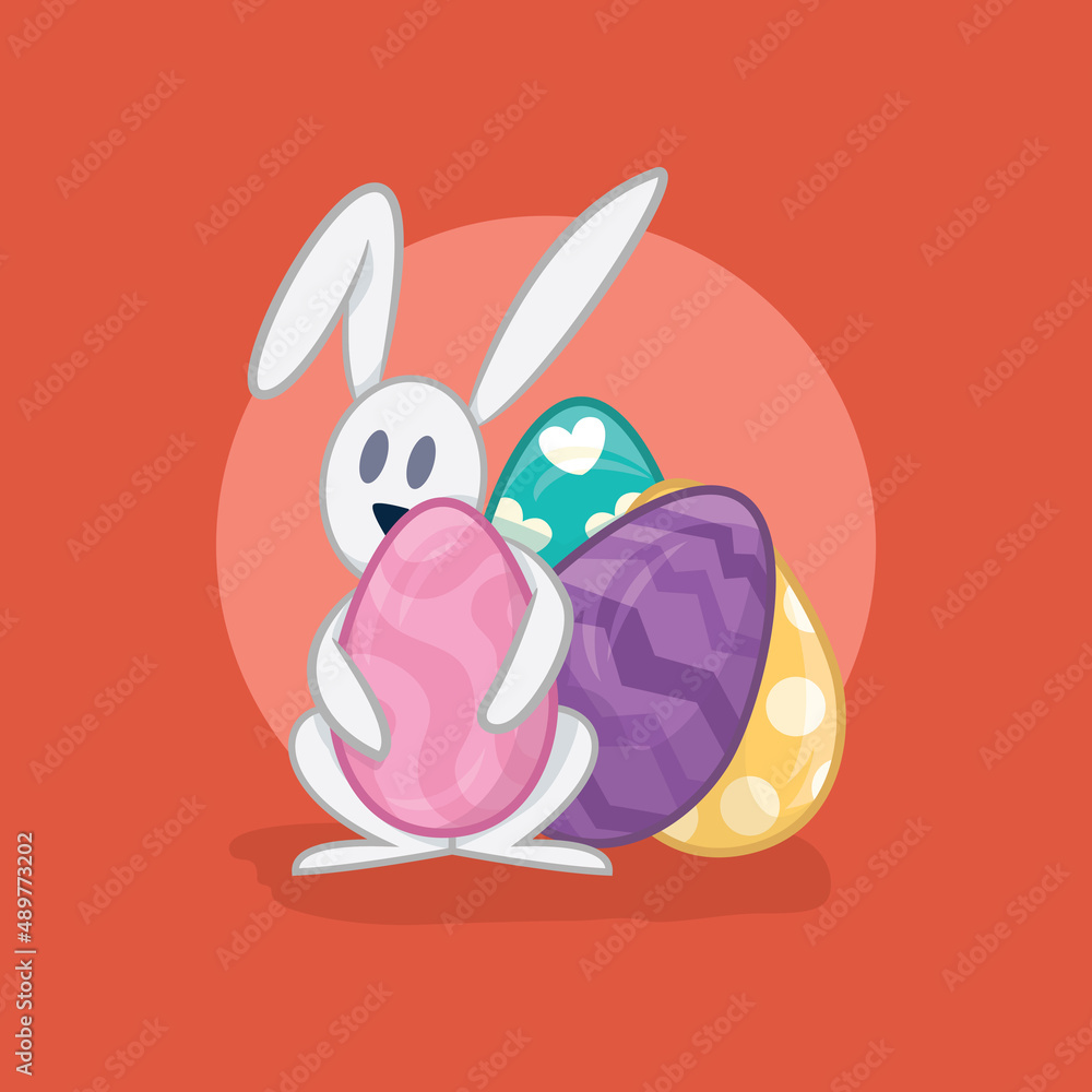 Illustration of a cute bunny with a bunch of easter eggs