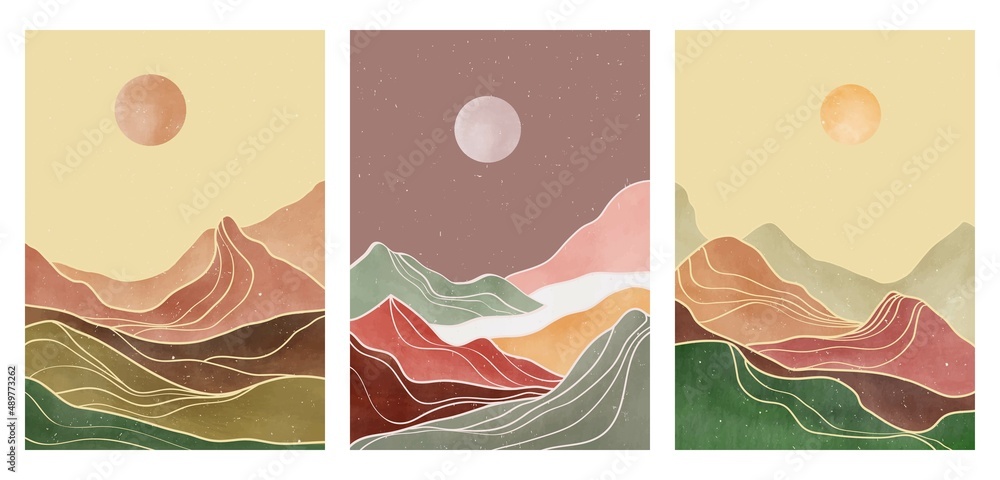 set of creative minimalist hand painted illustrations of Mid century modern. Abstract mountain contemporary aesthetic backgrounds landscapes. with mountain and line art. vector illustration