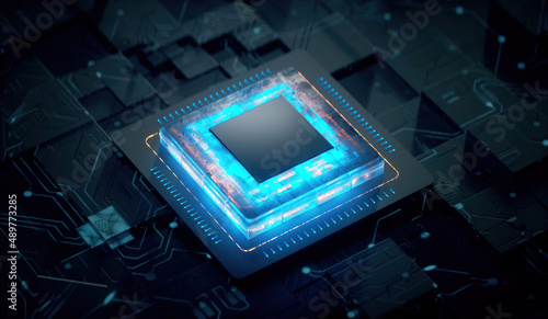 3D rendering of cyberpunk AI. Circuit board. Technology background. Central Computer Processors CPU and GPU concept. Motherboard digital chip. Tech science background. photo