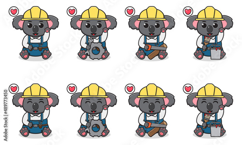 Canvas Print Vector Illustration of Cute sitting Koala cartoon with Handyman costume and hand up pose