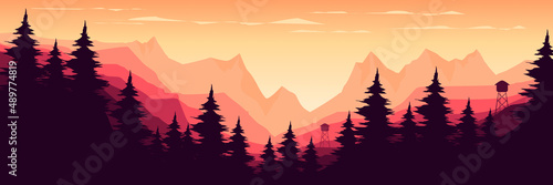 sunrise mountain with forest silhouette flat design vector illustration good for wallpaper, banner, backdrop, background, art, print, and design template