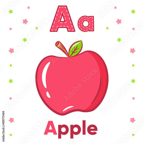 Alphabet flashcard letter A learning with cute apple drawing