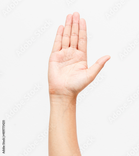 Man hand raised on awhite background