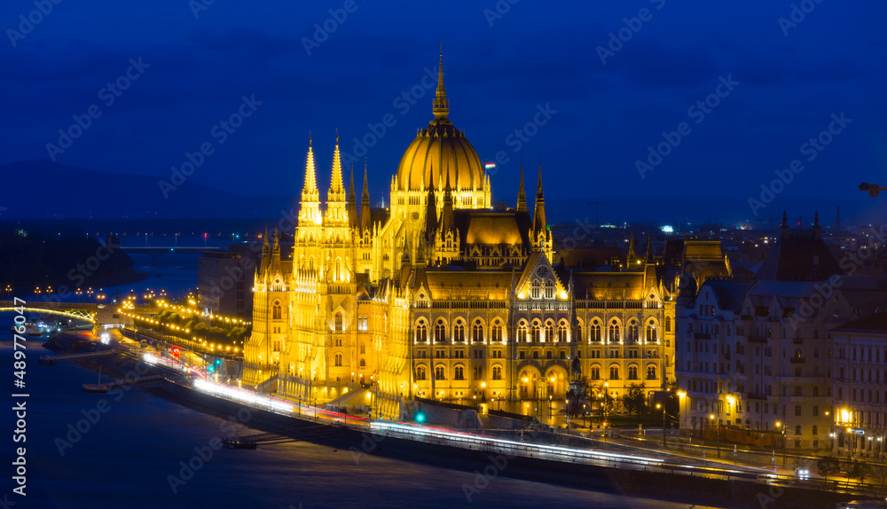 Photo of night light of Parlament in Budapest in Hungary outdoor.