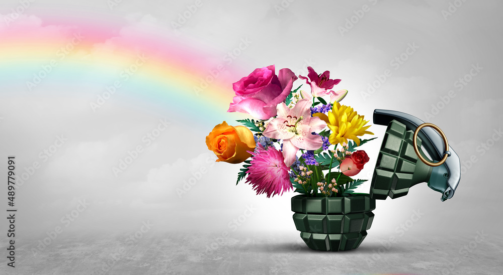 No War concept as a grenade weapon and flowers as a symbol for peace and hope as an unexploded bomb or disarmed explosive device - obrazy, fototapety, plakaty 