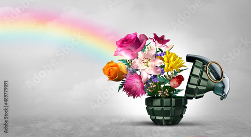 Billede på lærred No War concept as a grenade weapon and flowers as a symbol for peace and hope as